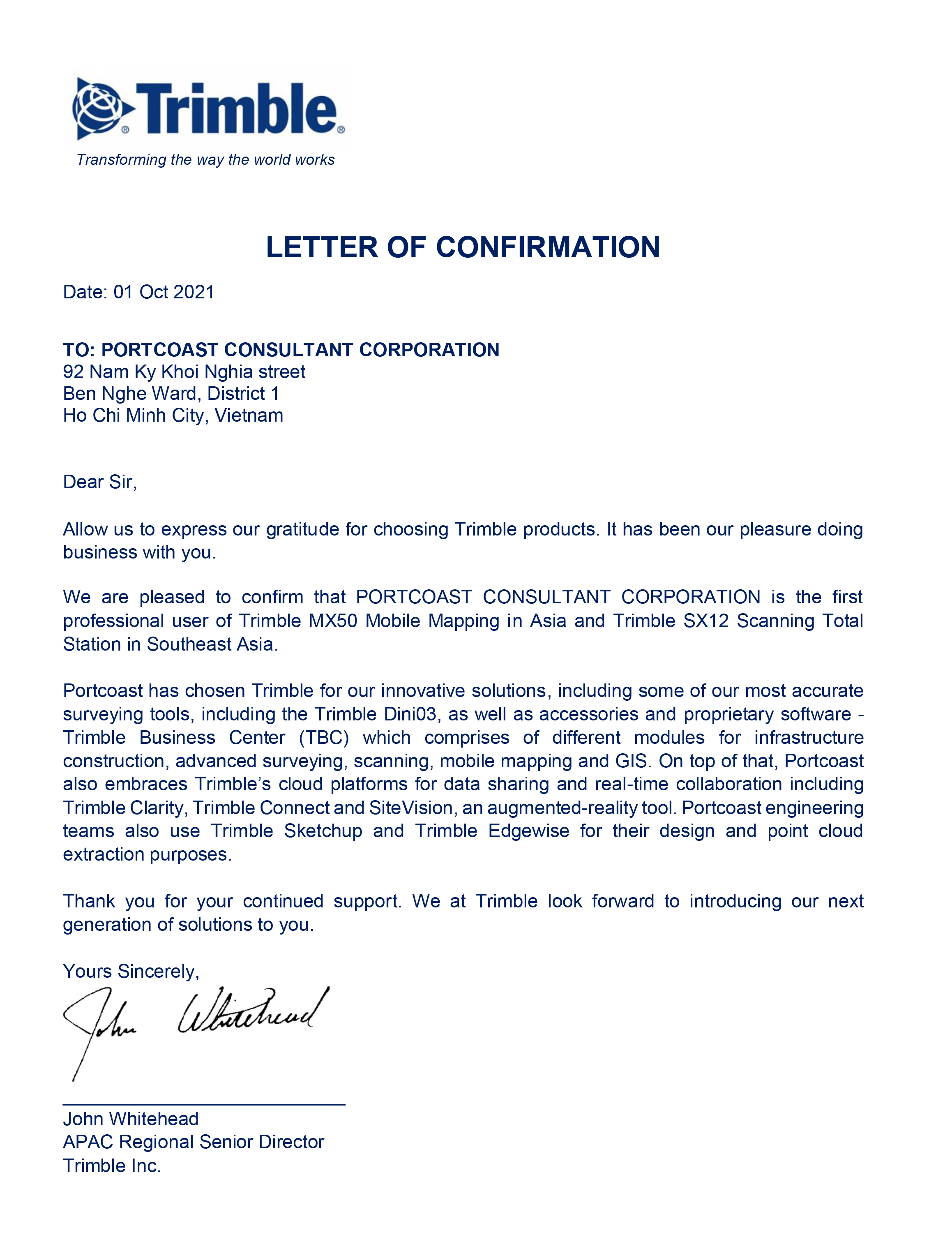 Letter of confirmation from Trimble