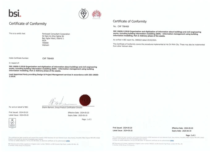 Vào ngày 22 tháng 5, Công ty Tư vấn Portcoast, một trong những công ty tư vấn hàng đầu tại Việt Nam chuyên về Cảng, Kết cấu Hàng hải và Chuyển đổi Số Hạ tầng, chính thức nhận được Chứng nhận Hợp chuẩn BIM theo tiêu chuẩn BS ISO 19650-2:2018 từ Viện Tiêu chuẩn Anh (BSI)