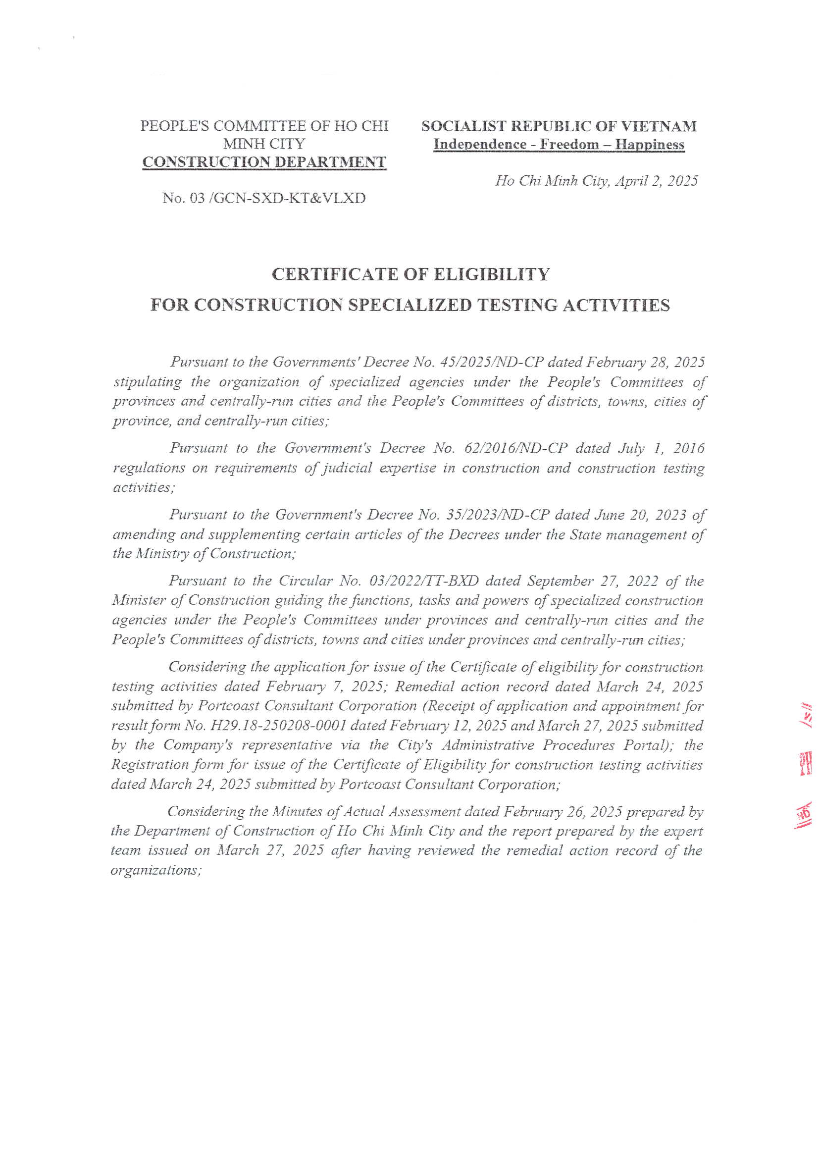 Certificate of Eligibility for Construction-related Testing Activities